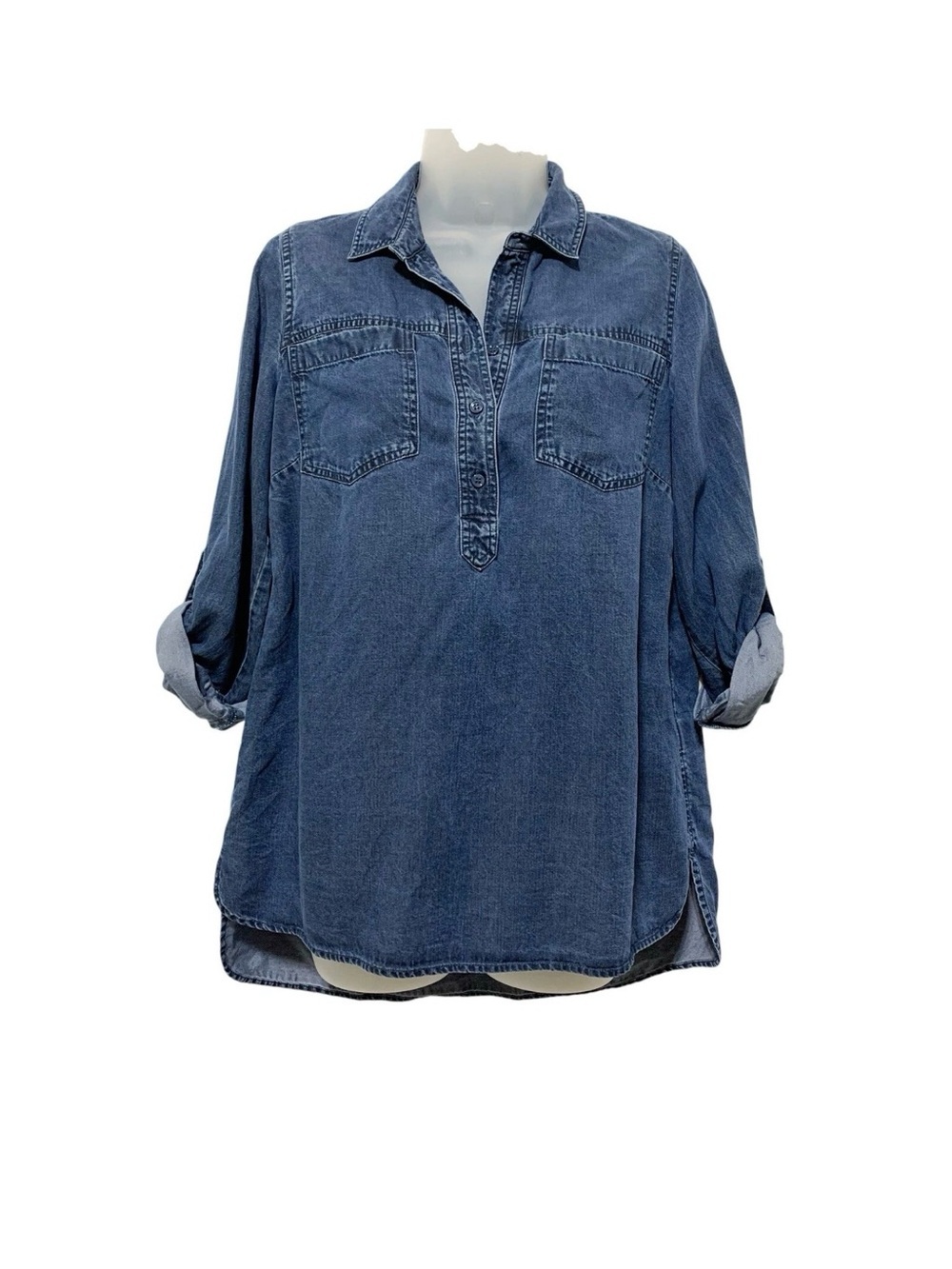 Soft Surroundings Denim Lyocell Shirt Size S Chambray Roll Tab Sleeve Tunic